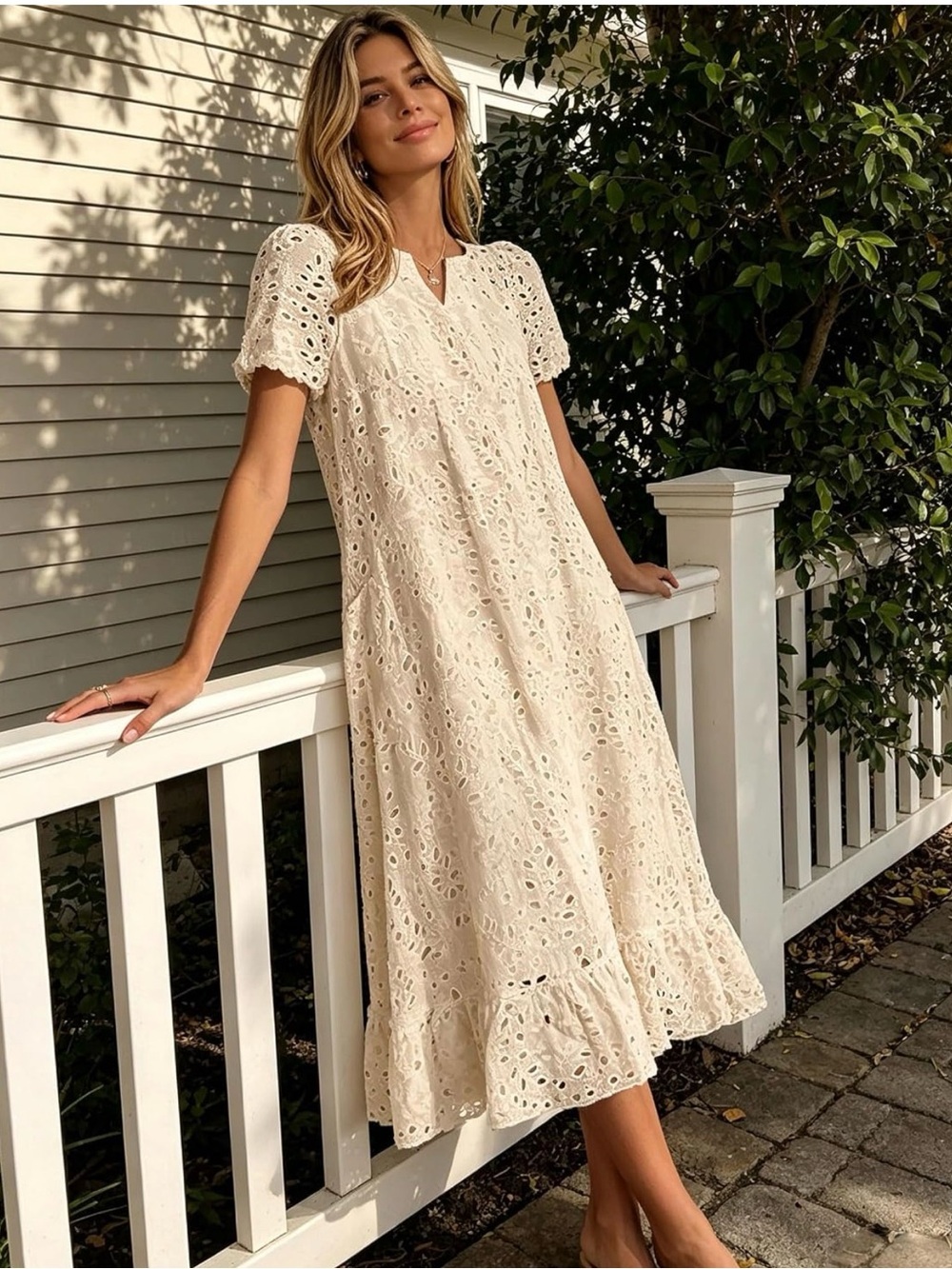 Cottagecore Eyelet Midi Dress Apricot - Breezy Summer Style Size XL NWT